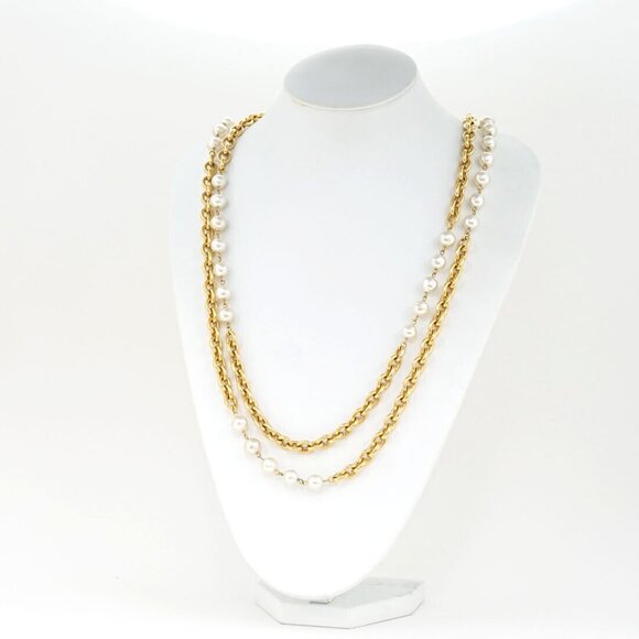 CHANEL Double Chain Pearl Long Necklace 37" Gold Tone Auth w/Box l1140 - Picture 11 of 16